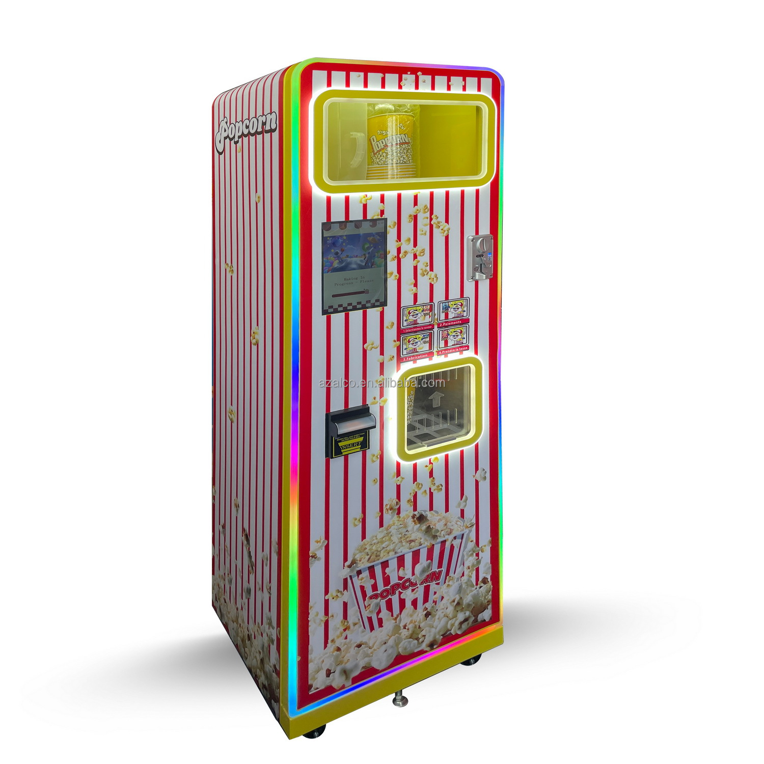Popcorn Vending Machine - เครื่องทำป๊อปคอร์นแบบหยอดเหรียญสองรสชาติ หน้าจอสัมผัส 10.1 นิ้ว ออกแบบเองได้ เครื่องทำป๊อปคอร์นอัตโนมัติสำหรับโรงภาพยนตร์
