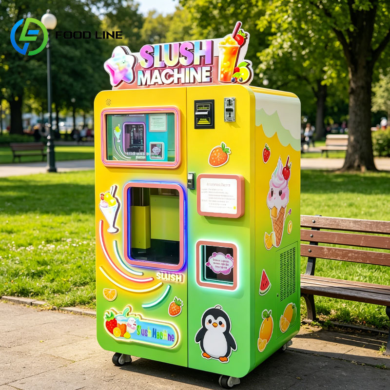 Slushie Machine Vending - เครื่องทำน้ำแข็งปั่นแบบหยอดเหรียญ เครื่องทำน้ำแข็งปั่นอัตโนมัติ เครื่องจ่ายเครื่องดื่มแช่แข็ง หน้าจอสัมผัส LED สำหรับสนามบิน